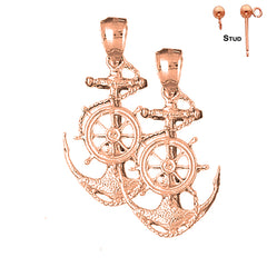 Pendientes de ancla con rueda de barco de oro de 14 quilates o 18 quilates de 36 mm