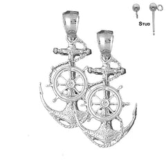 Sterling Silver 36mm Anchor With Ships Wheel Earrings (White or Yellow Gold Plated)