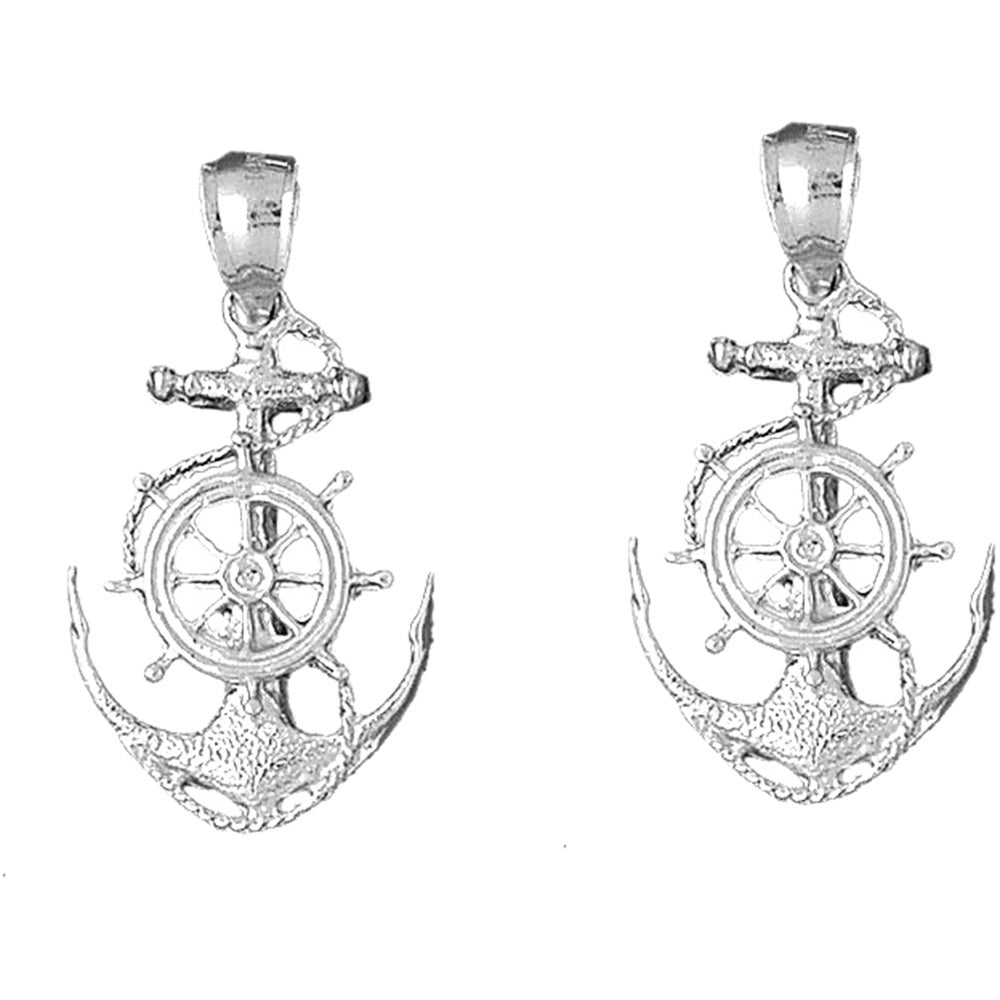 Sterling Silver 36mm Anchor With Ships Wheel Earrings