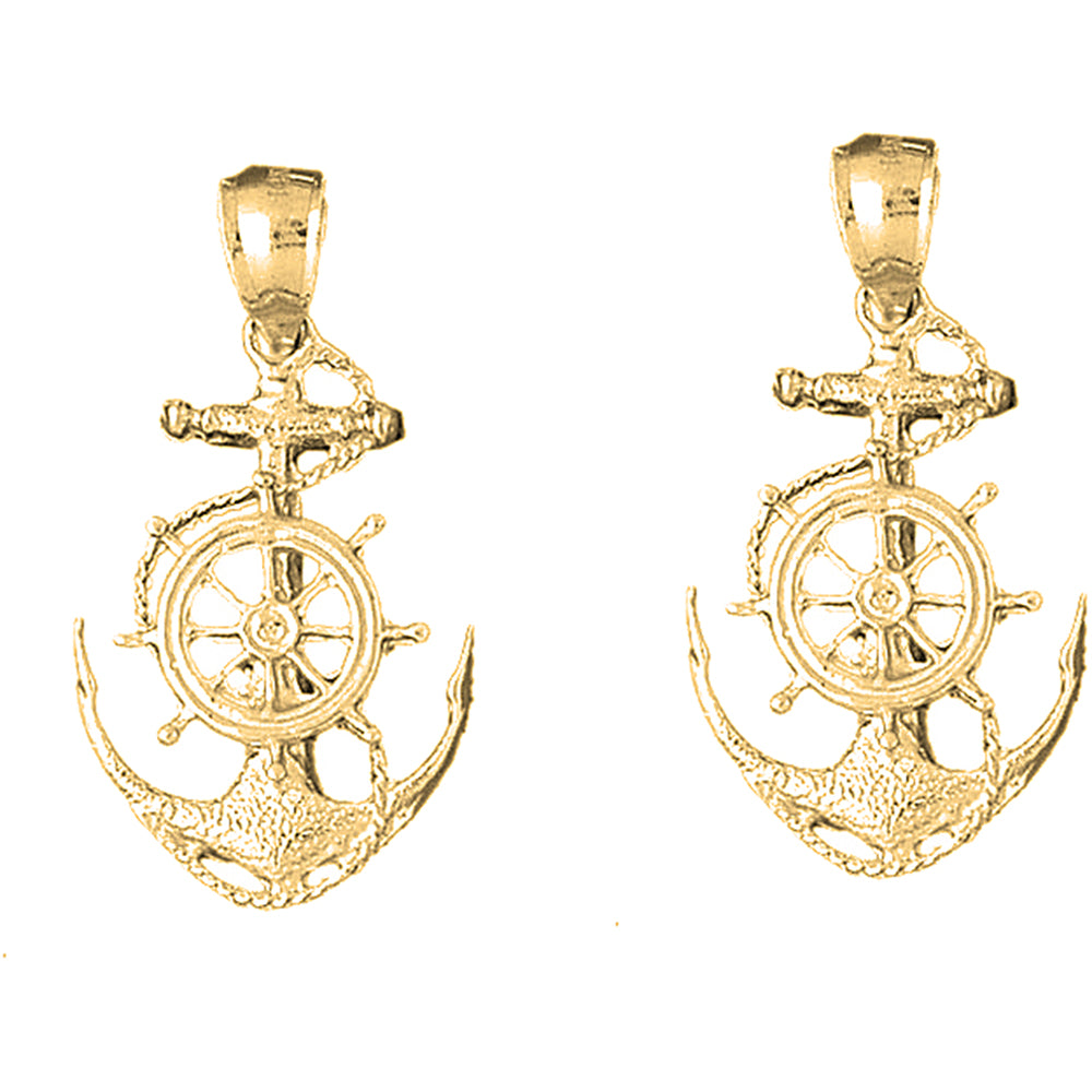 Yellow Gold-plated Silver 36mm Anchor With Ships Wheel Earrings