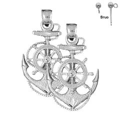Sterling Silver 43mm Anchor With Ships Wheel Earrings (White or Yellow Gold Plated)