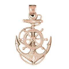 10K, 14K or 18K Gold Anchor With Ships Wheel Pendant