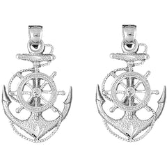 Sterling Silver 43mm Anchor With Ships Wheel Earrings