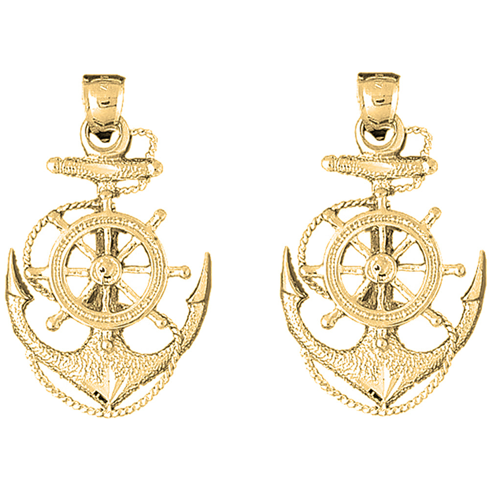 Yellow Gold-plated Silver 43mm Anchor With Ships Wheel Earrings