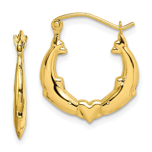 10K Yellow Gold Dolphin Heart Hollow Hoop Earrings