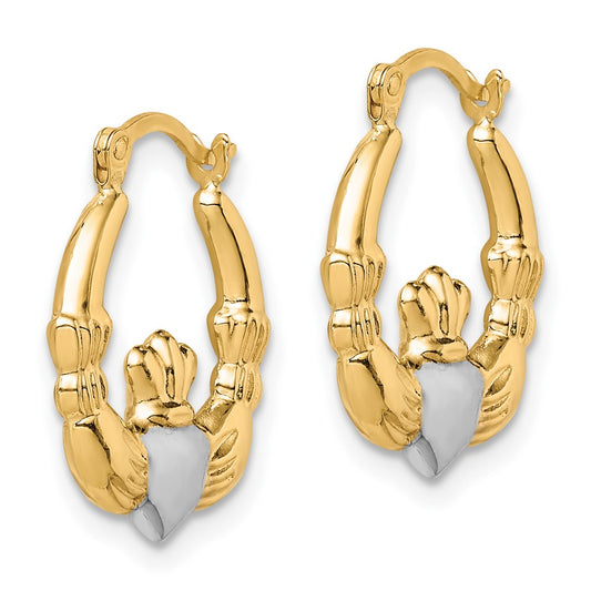 10K Yellow Gold & Rhodium Claddagh Hollow Hoop Earrings