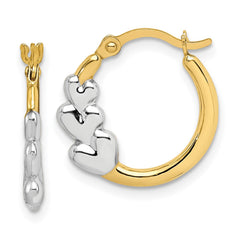 10K Yellow Gold & Rhodium and Hearts Hollow Hoop Earrings