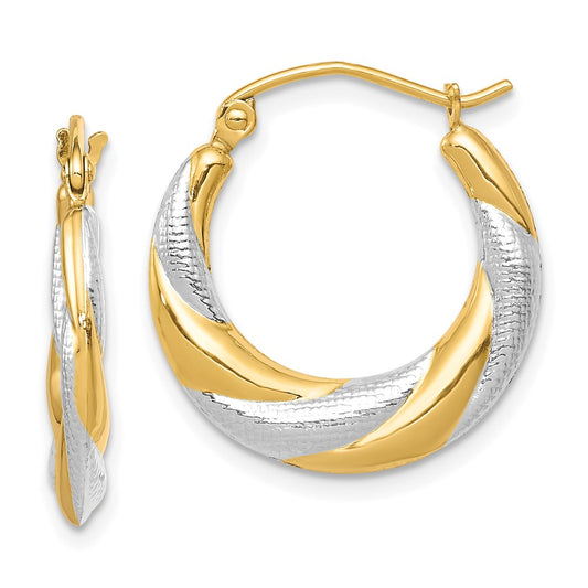 10K Yellow Gold & Rhodium Twist Hollow Hoop Earrings