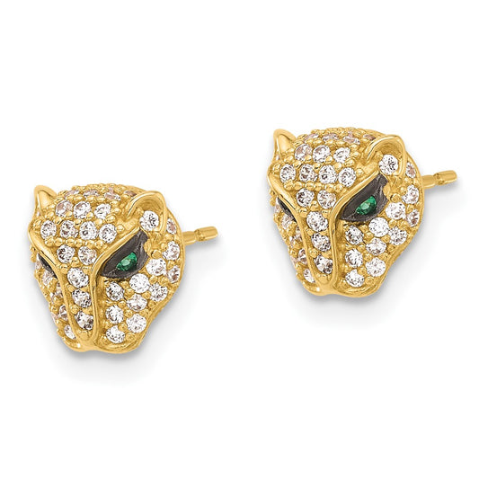 10K Yellow Gold Polished Clear & Green CZ Lioness Head Post Earrings