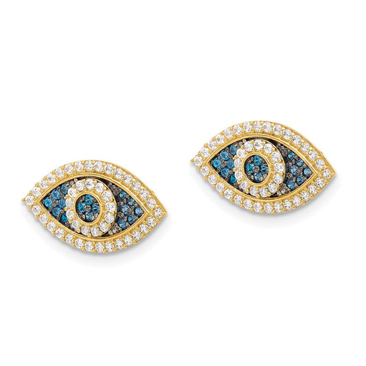 10K Yellow Gold Polished Blue & Clear CZ Evil Eye Post Earrings