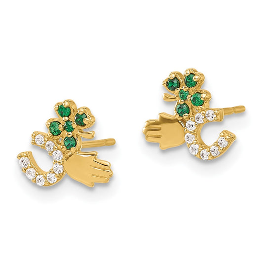 10K Yellow Gold Polished Green & Clear CZ Good Luck Post Earrings