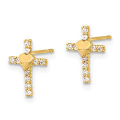 10K Yellow Gold Polished CZ Heart Cross Post Earrings