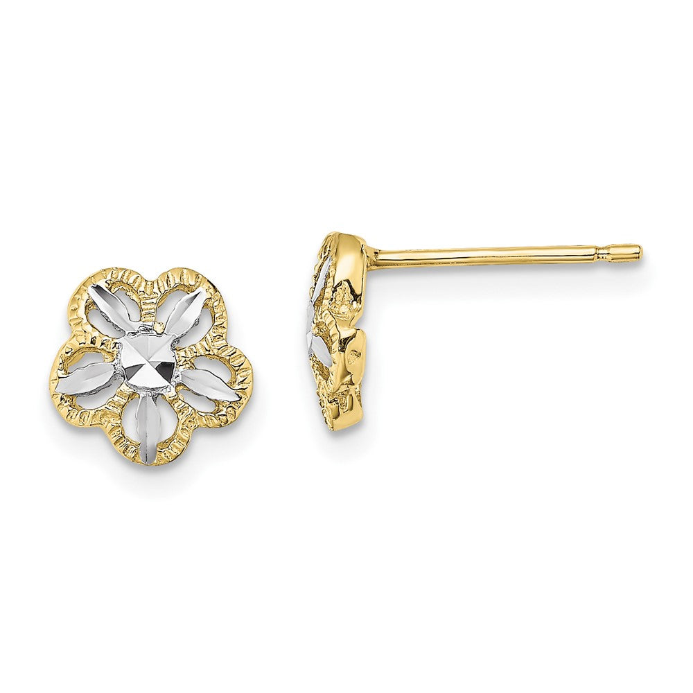 10K Yellow Gold & Rhodium Diamond-cut Flower Post Earrings