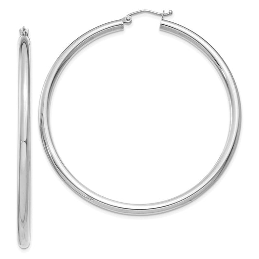 10K White Gold Polished 3mm Lightweight Tube Hoop Earrings