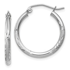 10K White Gold Satin and Diamond-cut 2mm Round Hoop Earrings