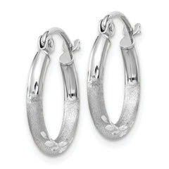 10K White Gold Satin and Diamond-cut 2mm Round Hoop Earrings