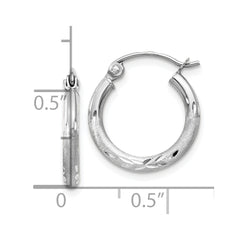 10K White Gold Satin and Diamond-cut 2mm Round Hoop Earrings