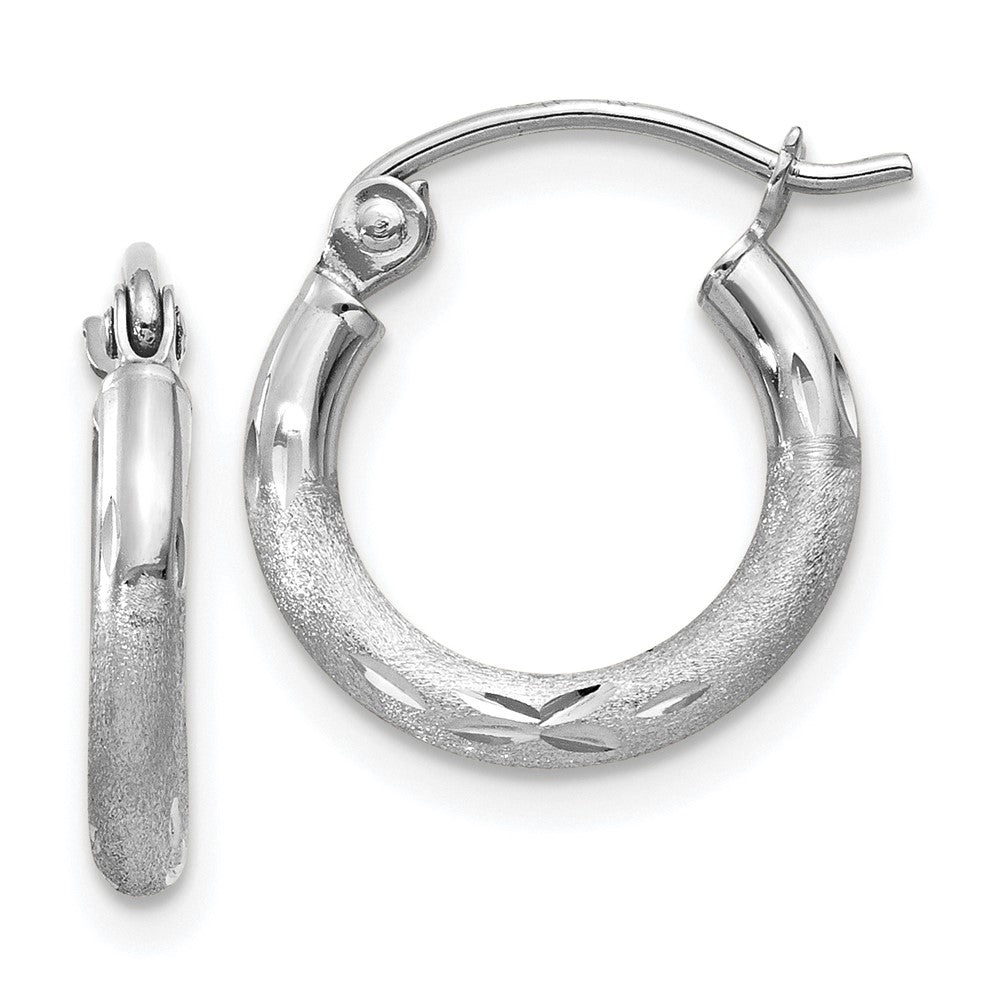 10K White Gold Satin and Diamond-cut 2mm Round Hoop Earrings