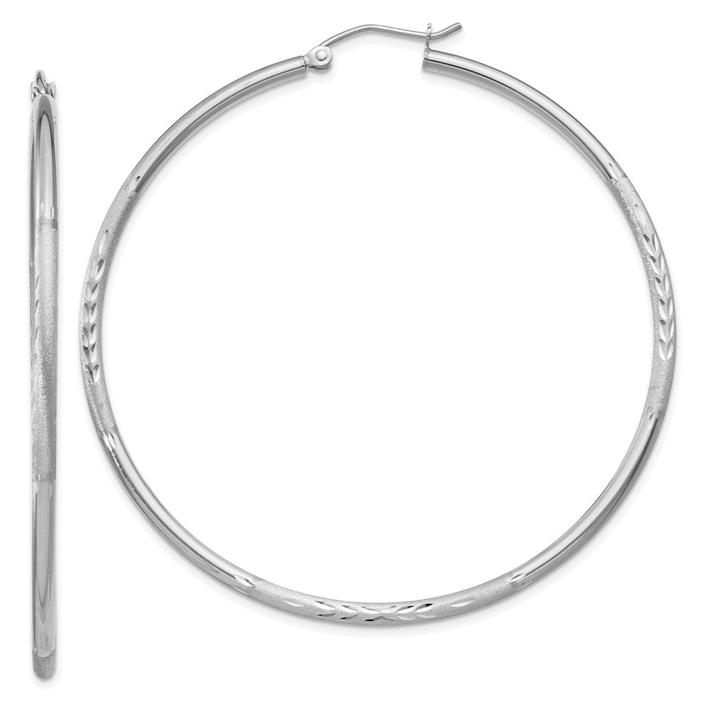 10K White Gold Satin and Diamond-cut 2mm Round Hoop Earrings