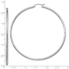 10K White Gold Satin and Diamond-cut 2mm Round Hoop Earrings