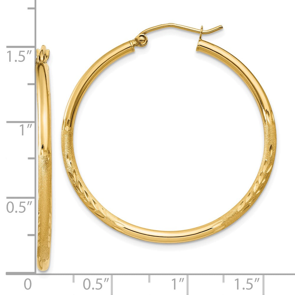 10K Yellow Gold Satin and Diamond-cut 2mm Round Tube Hoop Earrings