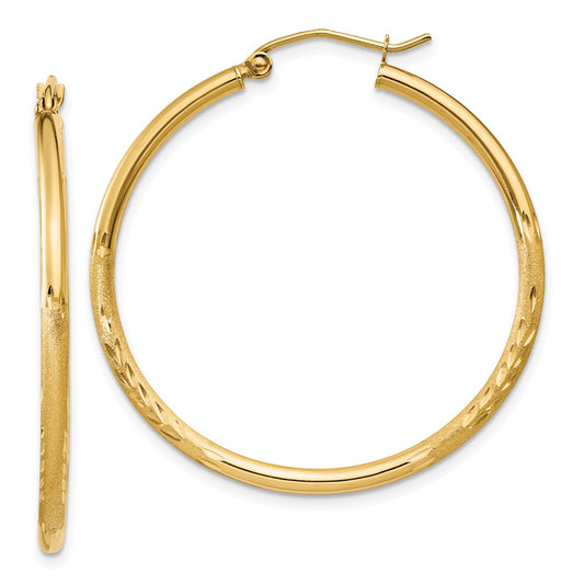 10K Yellow Gold Satin and Diamond-cut 2mm Round Tube Hoop Earrings