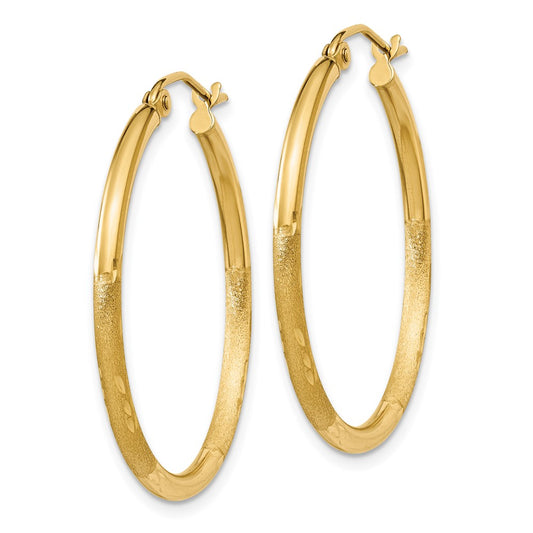 10K Yellow Gold Satin and Diamond-cut 2mm Round Tube Hoop Earrings