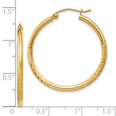 10K Yellow Gold Satin and Diamond-cut 2mm Round Tube Hoop Earrings