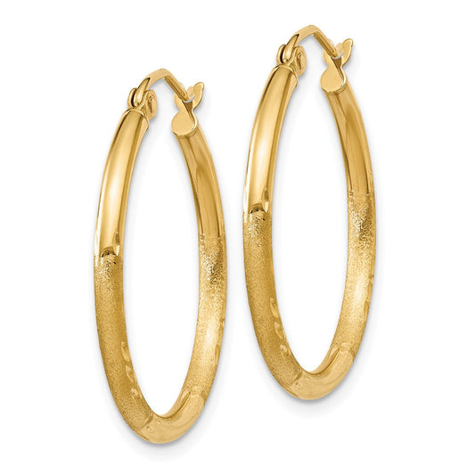 10K Yellow Gold Satin and Diamond-cut 2mm Round Tube Hoop Earrings