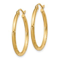 10K Yellow Gold Satin and Diamond-cut 2mm Round Tube Hoop Earrings