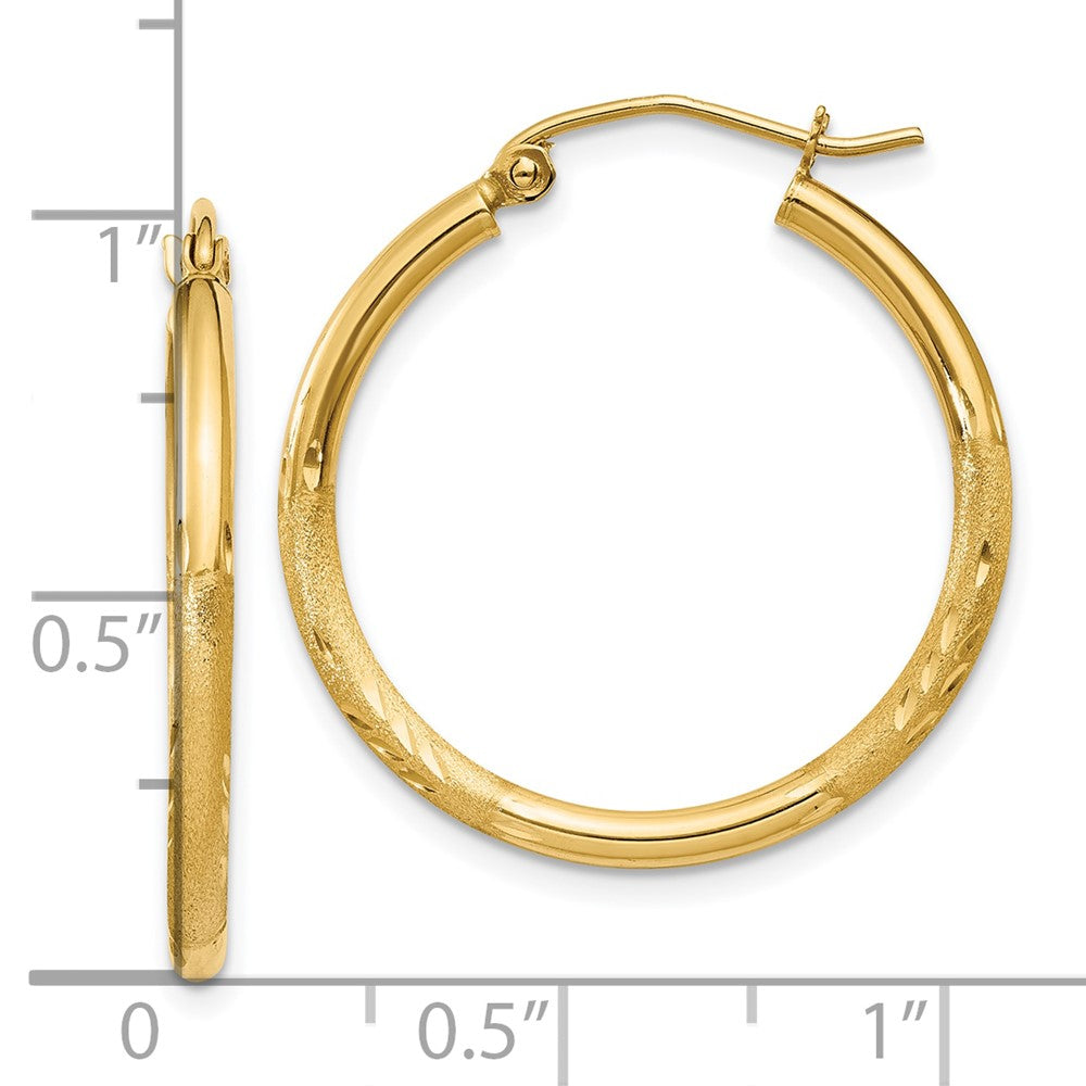 10K Yellow Gold Satin and Diamond-cut 2mm Round Tube Hoop Earrings