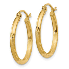 10K Yellow Gold Satin and Diamond-cut 2mm Round Tube Hoop Earrings