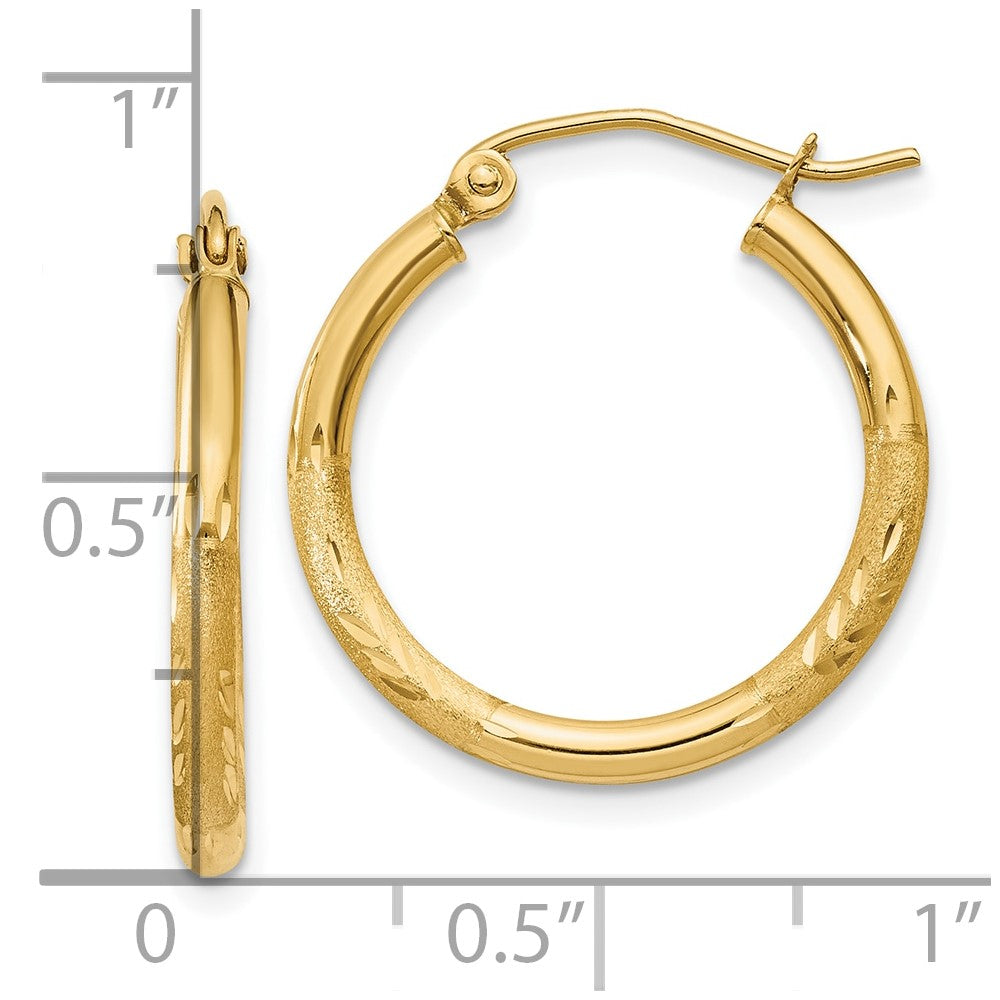 10K Yellow Gold Satin and Diamond-cut 2mm Round Tube Hoop Earrings