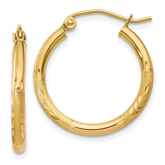 10K Yellow Gold Satin and Diamond-cut 2mm Round Tube Hoop Earrings