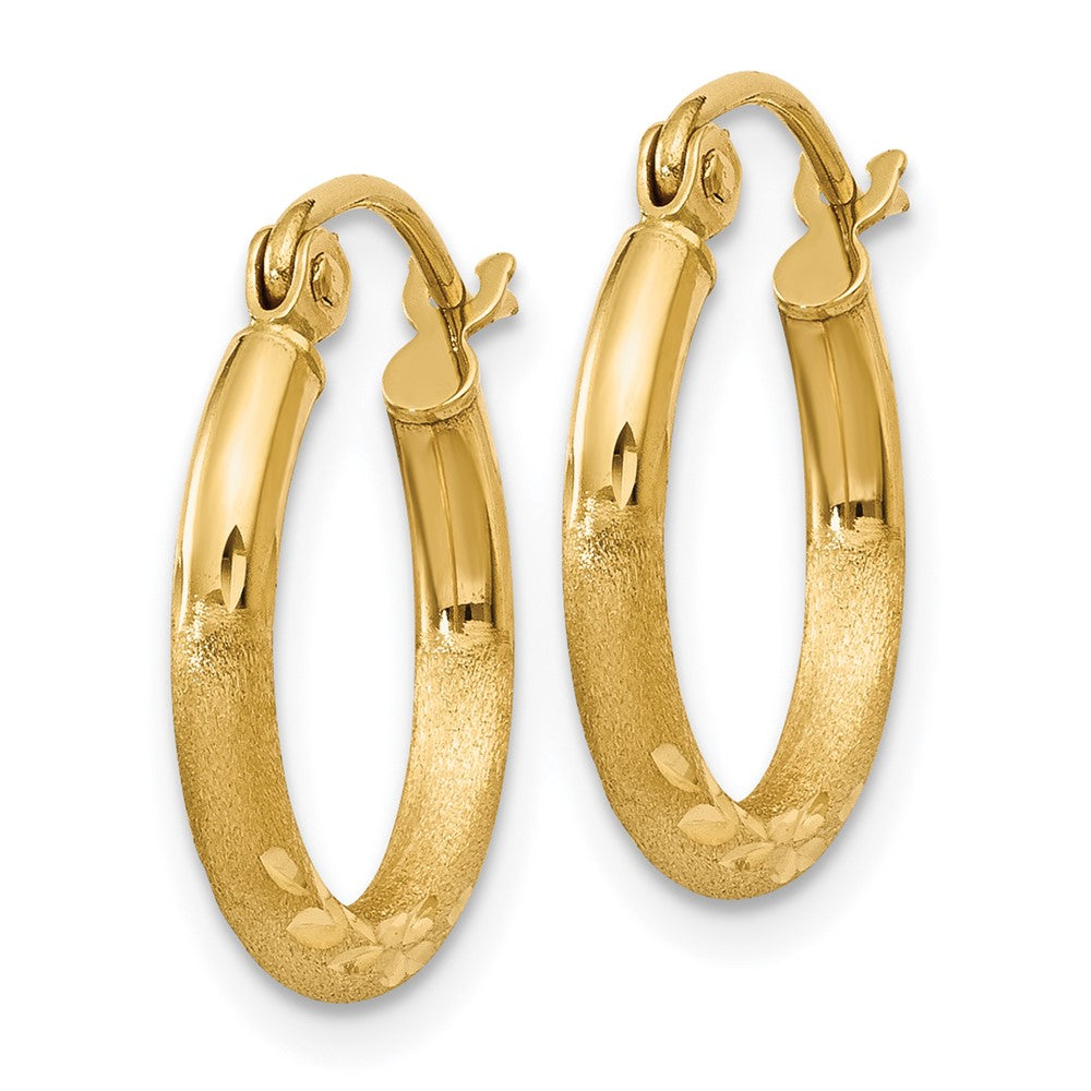 10K Yellow Gold Satin and Diamond-cut 2mm Round Tube Hoop Earrings