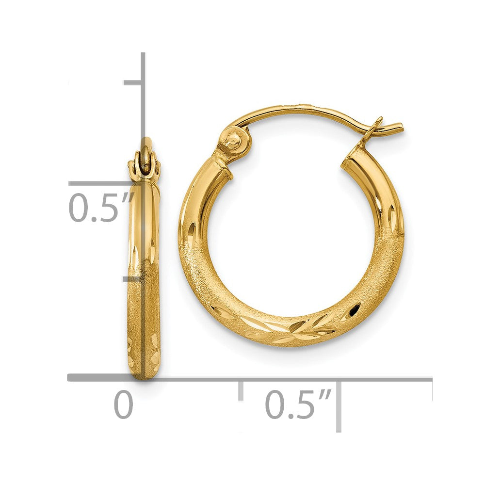 10K Yellow Gold Satin and Diamond-cut 2mm Round Tube Hoop Earrings