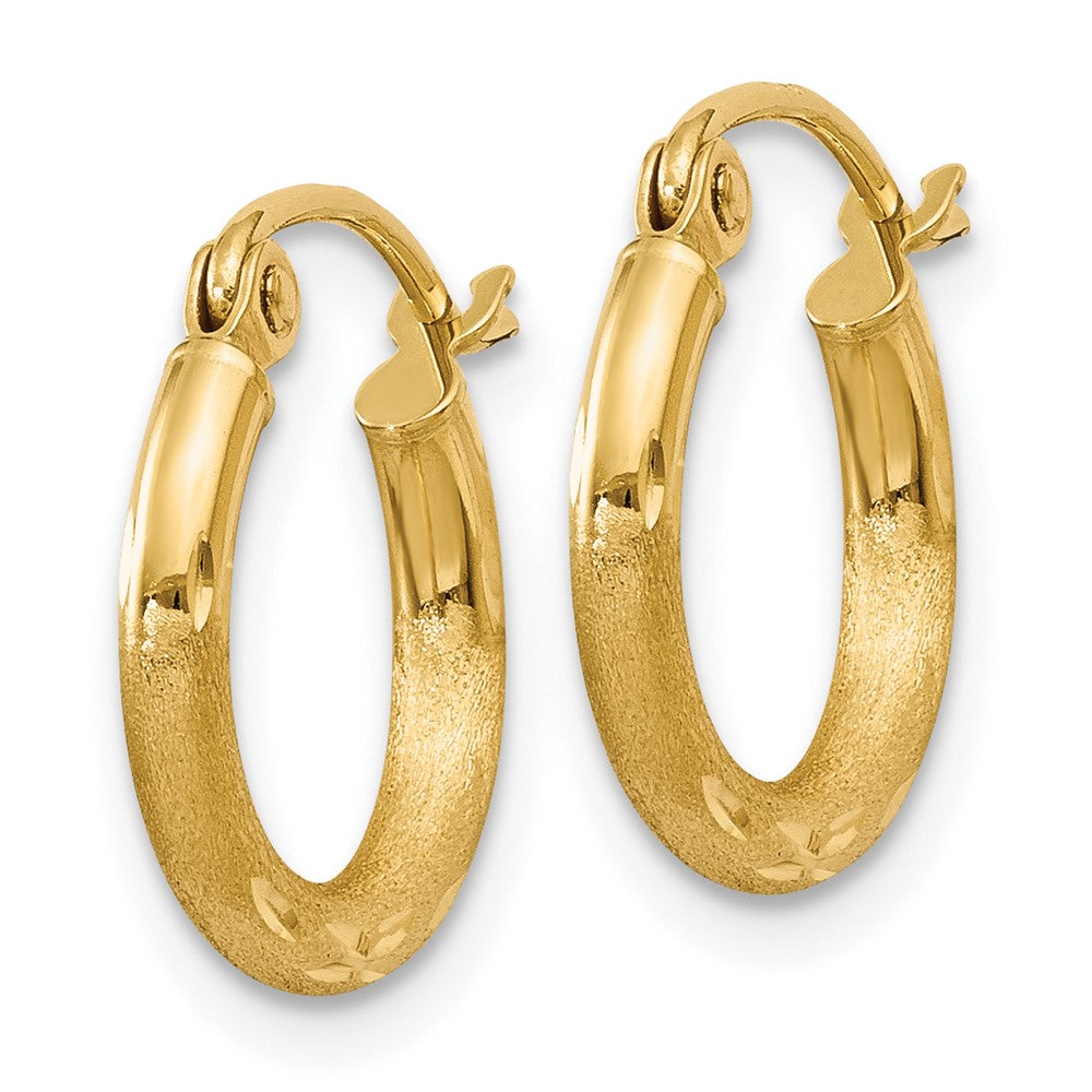 10K Yellow Gold Satin and Diamond-cut 2mm Round Tube Hoop Earrings