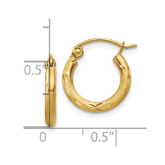 10K Yellow Gold Satin and Diamond-cut 2mm Round Tube Hoop Earrings