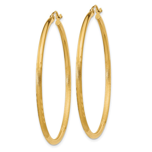 10K Yellow Gold Satin and Diamond-cut 2mm Round Tube Hoop Earrings