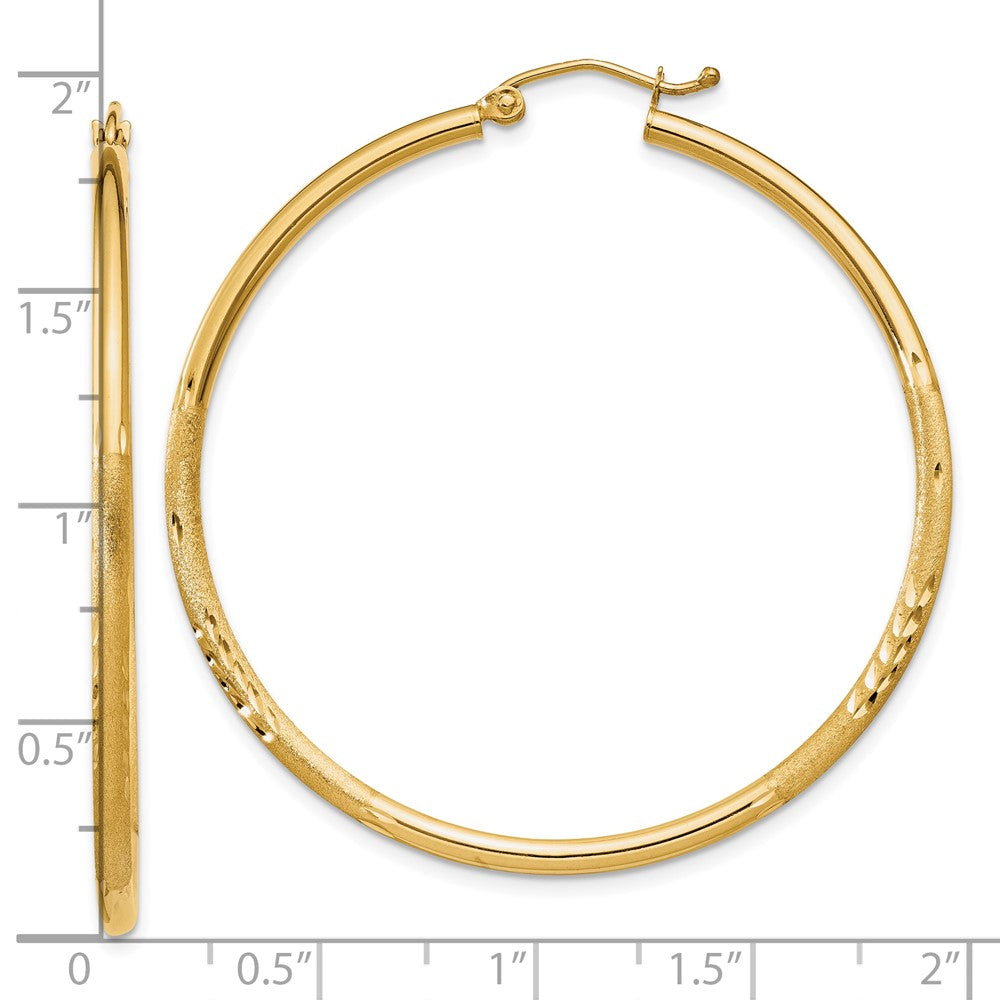 10K Yellow Gold Satin and Diamond-cut 2mm Round Tube Hoop Earrings