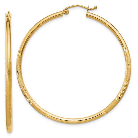 10K Yellow Gold Satin and Diamond-cut 2mm Round Tube Hoop Earrings