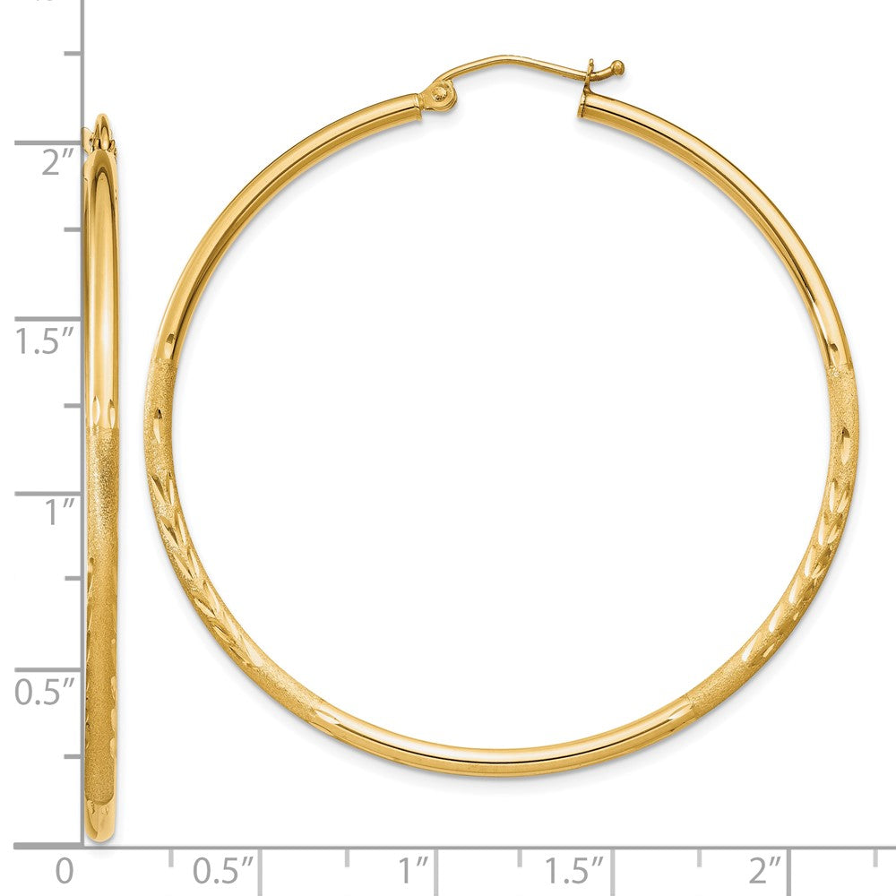 10K Yellow Gold Satin and Diamond-cut 2mm Round Tube Hoop Earrings