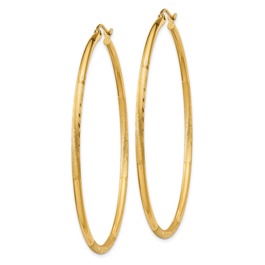 10K Yellow Gold Satin and Diamond-cut 2mm Round Tube Hoop Earrings