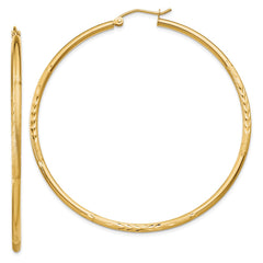 10K Yellow Gold Satin and Diamond-cut 2mm Round Tube Hoop Earrings