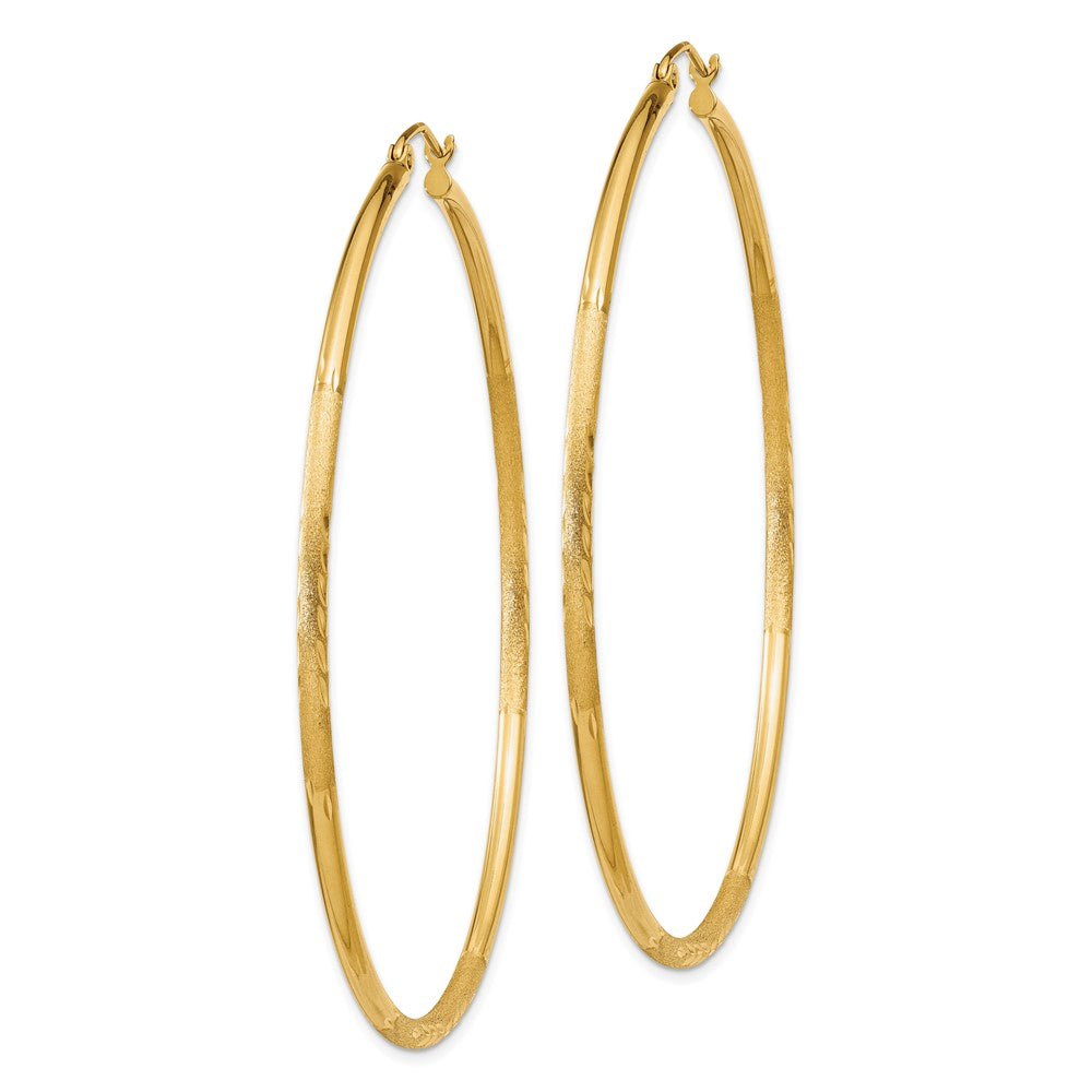 10K Yellow Gold Satin and Diamond-cut 2mm Round Tube Hoop Earrings