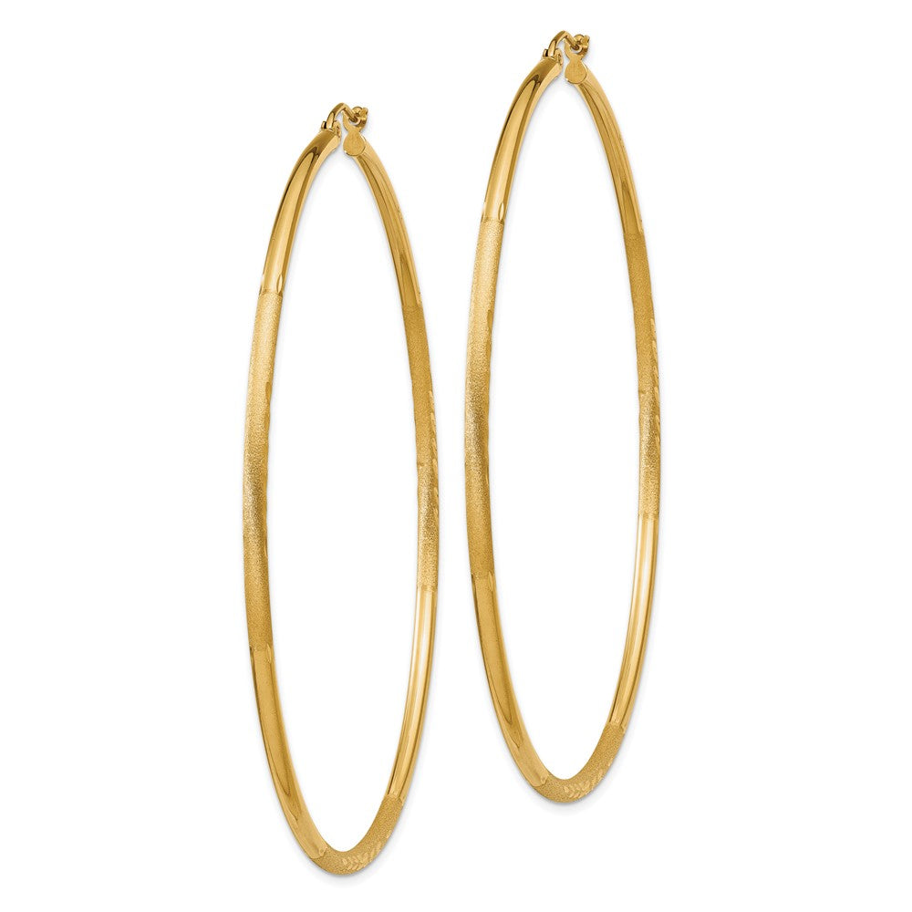 10K Yellow Gold Satin and Diamond-cut 2mm Round Tube Hoop Earrings