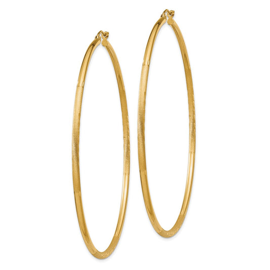 10K Yellow Gold Satin and Diamond-cut 2mm Round Tube Hoop Earrings