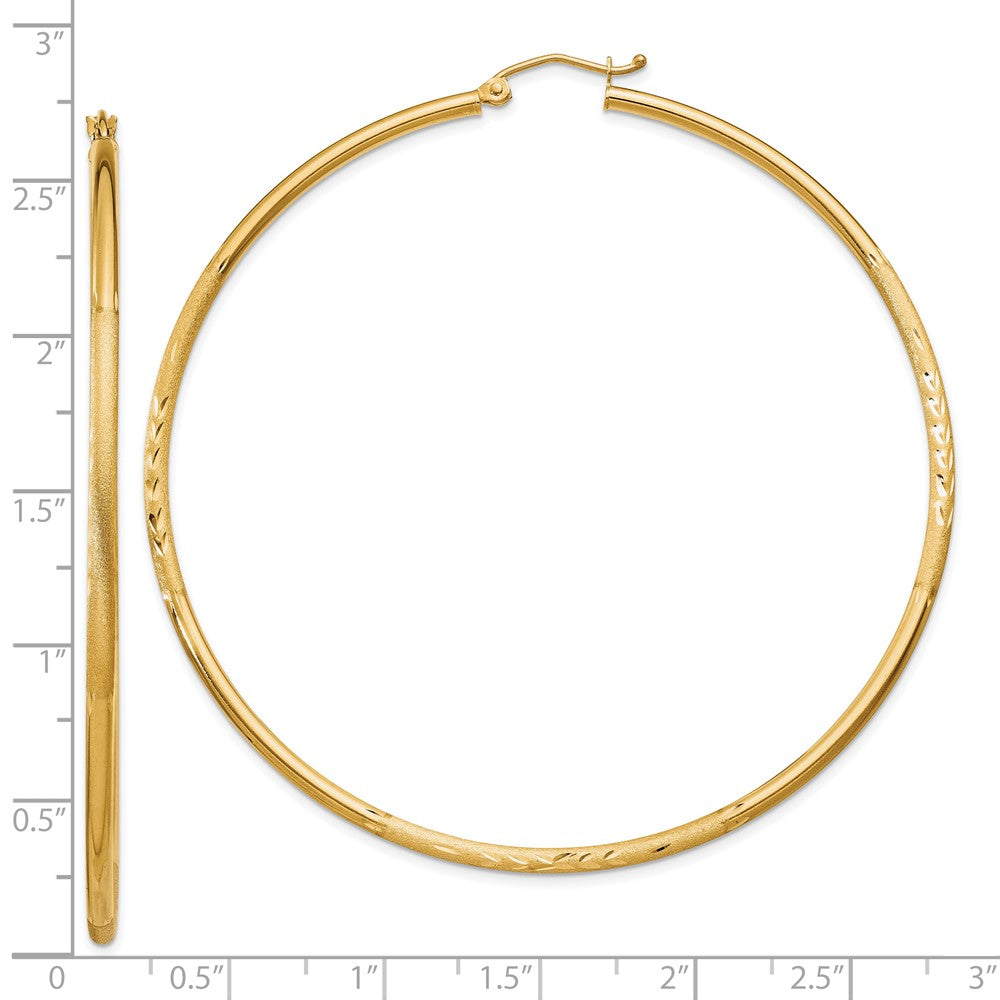 10K Yellow Gold Satin and Diamond-cut 2mm Round Tube Hoop Earrings