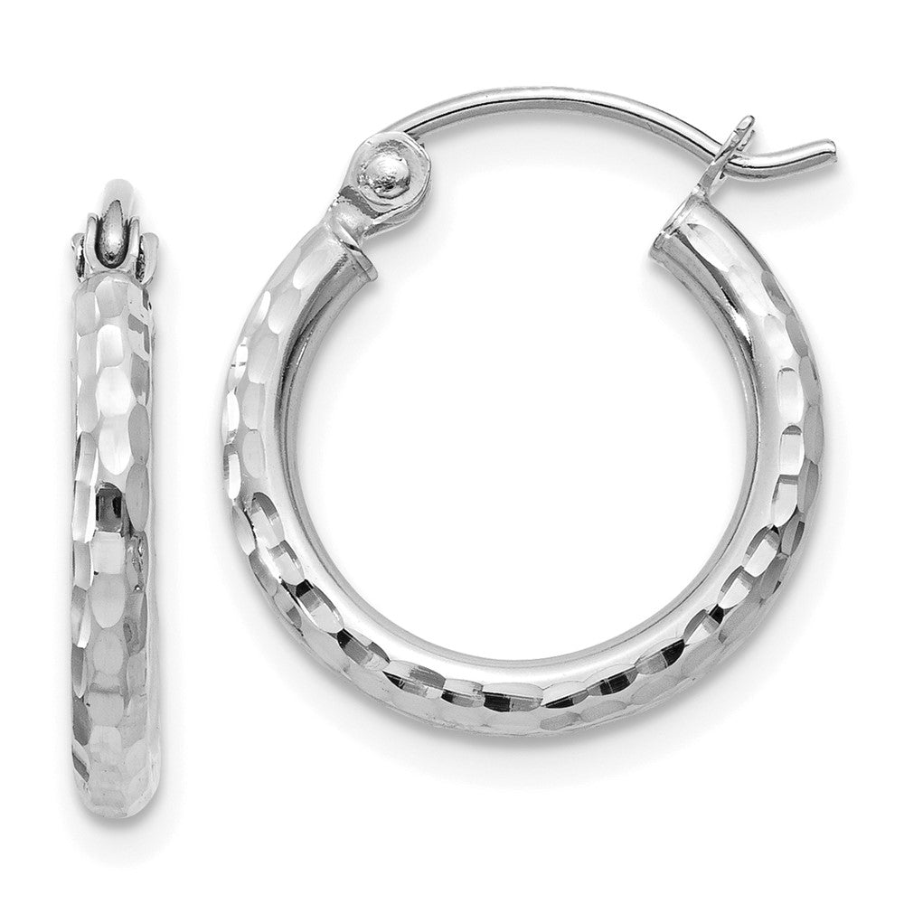 10K White Gold Diamond-cut 2mm Round Tube Hoop Earrings