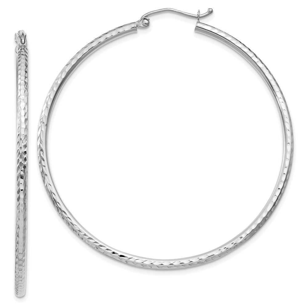 10K White Gold Diamond-cut 2mm Round Tube Hoop Earrings